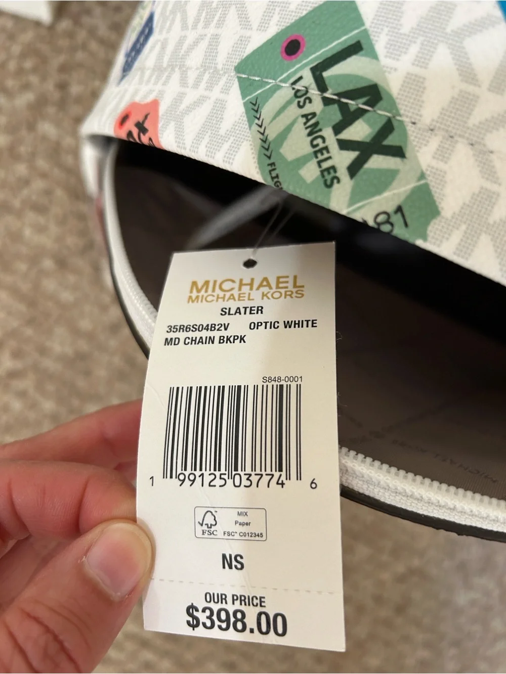 Michael Kors White Tote with Multicolor Luggage Tag Pattern